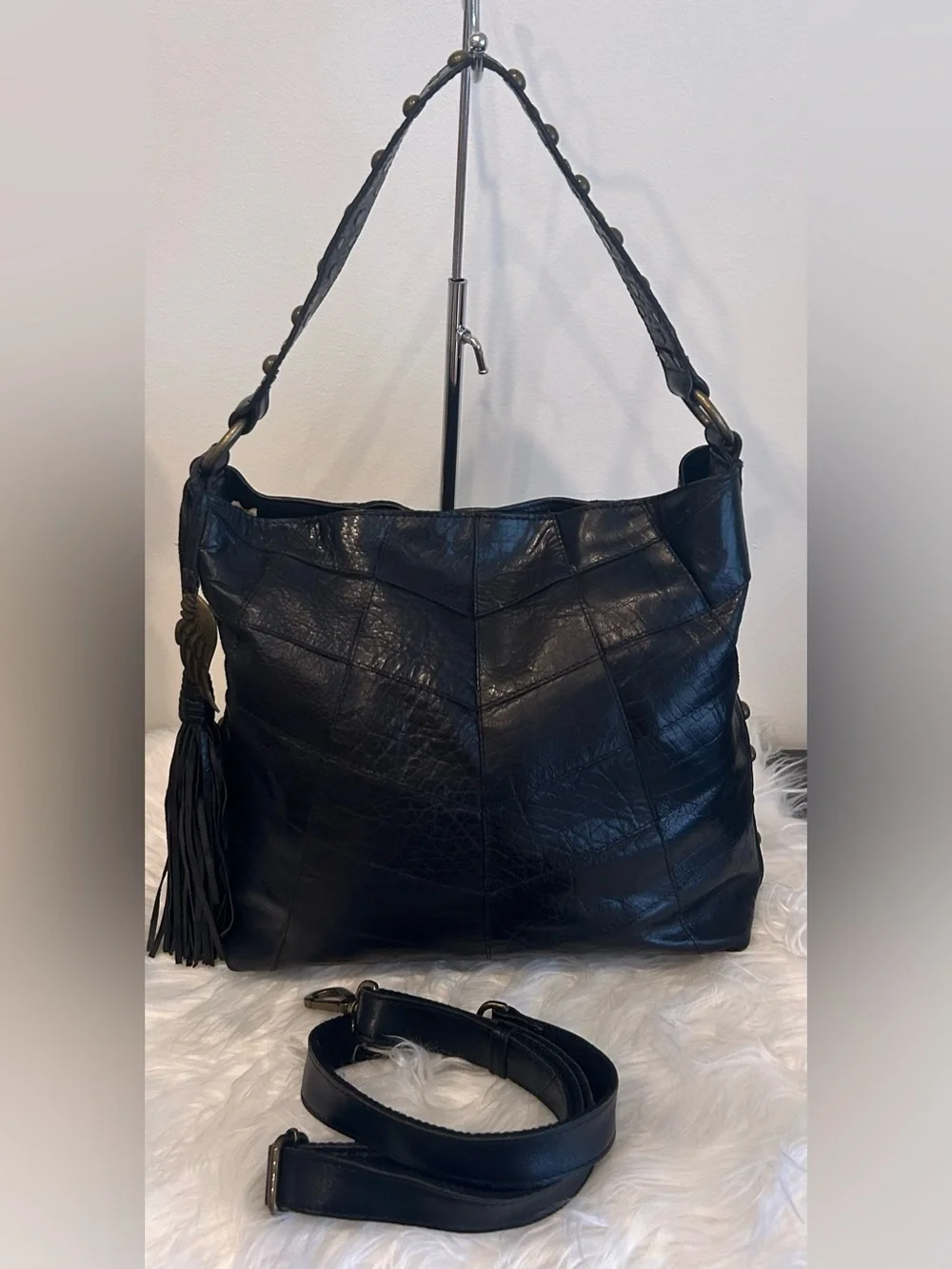 Angel By L. Martino Black Leather Shoulder Bag Crossbody Slouchy Hobo Purse